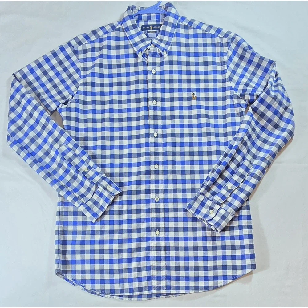 Ralph Lauren Polo Shirt Mens XL Blue Plaid Classic Fit Pony Preppy